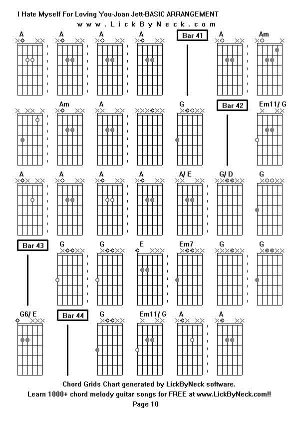 Chord Grids Chart of chord melody fingerstyle guitar song-I Hate Myself For Loving You-Joan Jett-BASIC ARRANGEMENT,generated by LickByNeck software.